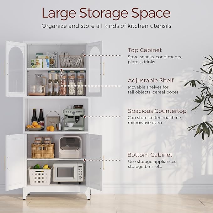 75" Tall Kitchen Pantry Cabinet, Metal Storage Cabinets with Acrylic Doors and Adjustable Shelves, Hutch Cabinet with Storage, White Microwave Stand Cabinets for Dining Living Room-CasaMuseHome