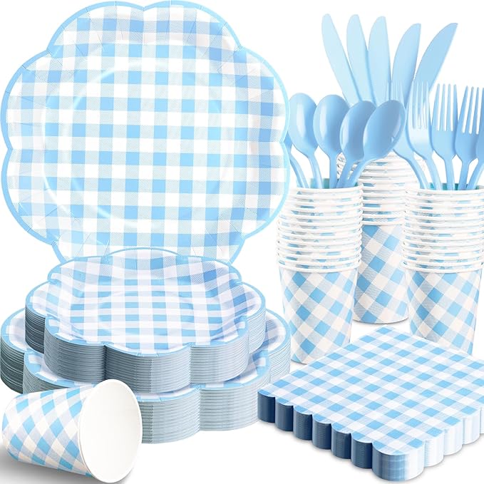 350 Pcs Blue Gingham Plates and Napkins Party Supplies - Blue and White Checkered Plates Sets Serve 50 Guests - Scalloped Gingham Paper Plate for Birthday Dinner Wedding Baby Shower Party Decorations-CasaMuseHome