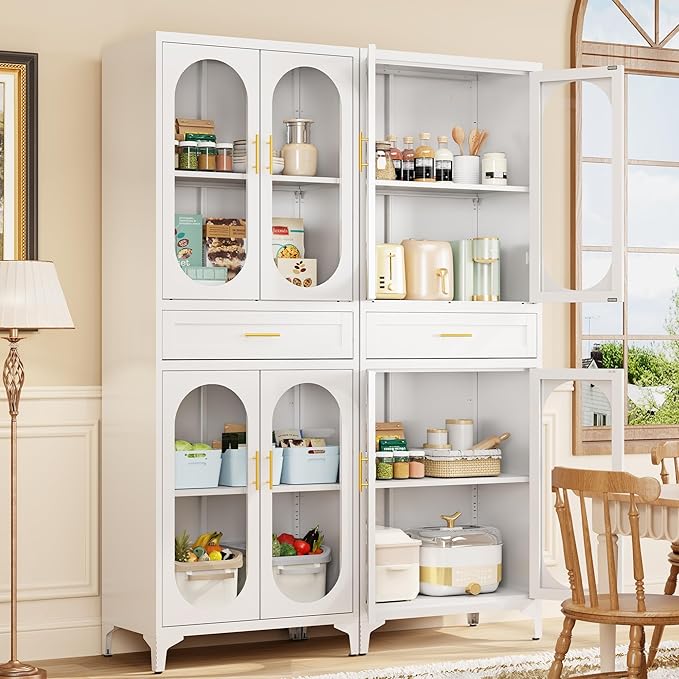 75” Tall Kitchen Pantry Storage Cabinet, Metal Storage Cabinet with 1 Drawer and Adjustable Shelves, Kitchen Pantry Cupboard, Freestanding Cupboard for Bathroom (White-4 Doors and 1 Drawer)-CasaMuseHome