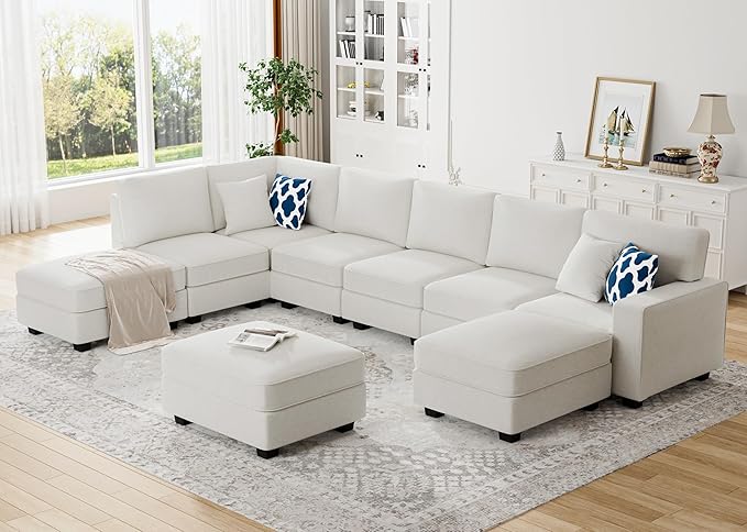 L Lengend Vansen Modular Sectional Sofa U Shaped Couch with Ottoman Modern Reversible Corner Sectional Couch for Living Room (Cream, U Shaped Sofa-4)-CasaMuseHome