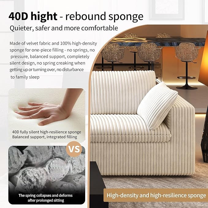 118" 6-Seater Cloud Sofa,Modular Sectional Couch with Ottoman,Modern Deep Seat Upholstered Couches with Plush Corduroy Fabric for Living Room Furniture,Bedroom and Apartment,No Assembly Required,White-CasaMuseHome