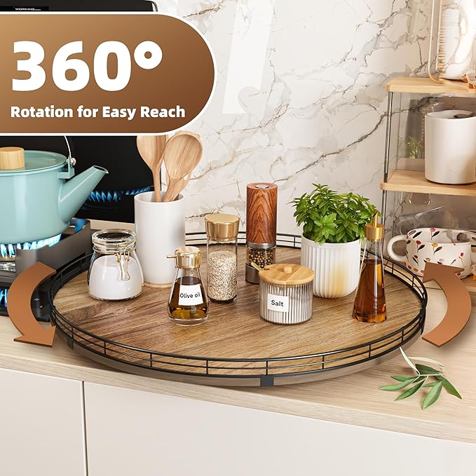 Acacia Wood 21" Lazy Susan Turntable Organizer for Table Top, Farmhouse Extra Large Round Lazy Susan for Serving Kitchen Countertop Cabinet for Charcuterie Centerpiece, Bathroom Vanity Tray Decor-CasaMuseHome