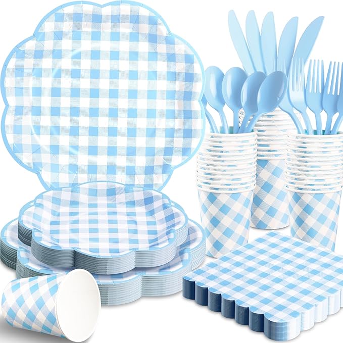 175 Pcs Blue Gingham Plates and Napkins Party Supplies - Blue and White Checkered Plates Sets Serve 25 Guests - Scalloped Gingham Paper Plate for Birthday Dinner Wedding Baby Shower Party Decorations-CasaMuseHome
