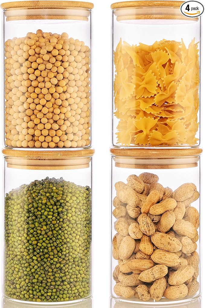 32oz - 4 Pack Glass Jars with Bamboo Lids, Glass Pantry Storage Containers with Airtight Lids, Round Air Tigh Food Storage Canisters for Cereal, Pasta, Flour, Sugar, Rice, Best for Kitchen Organizer-CasaMuseHome