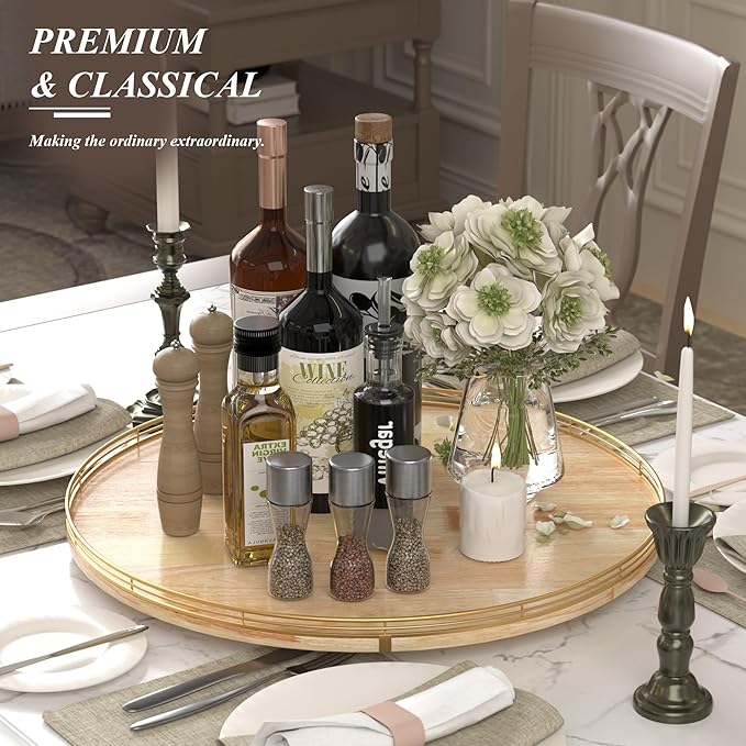 24 Inch Extra Large Lazy Susan Turntable - Premium Solid Oak Wood & Iron | Rustic Farmhouse Rotating Tray for Dining Table, Kitchen Countertop, Centerpiece Decor | Smooth 360° Spin | Durable & Stylish-CasaMuseHome