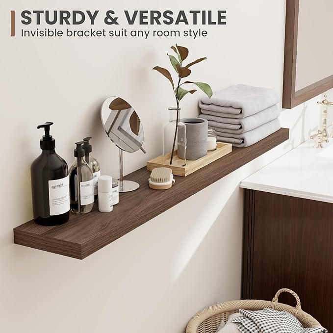 24 Inch Floating Shelves, 8 Inch Deep Floating Shelves for Wall, Hanging Shelf with Invisible Brackets, Deep Shelves for Bathroom, Bedroom, Living Room, Walnut, Set of 2-CasaMuseHome