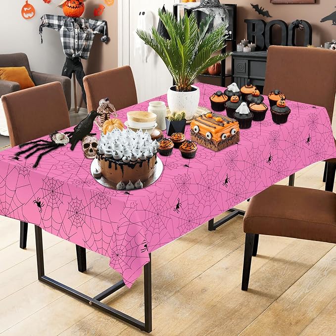 2 Pcs Halloween Tablecloth - Plastic Halloweens Spider Webs Table Cloth, Pink Disposable Rectangle Spiderweb Table Cover for Halloween Party Decorations Supplies Favors Tables Decor, 108 x 54 Inch-CasaMuseHome