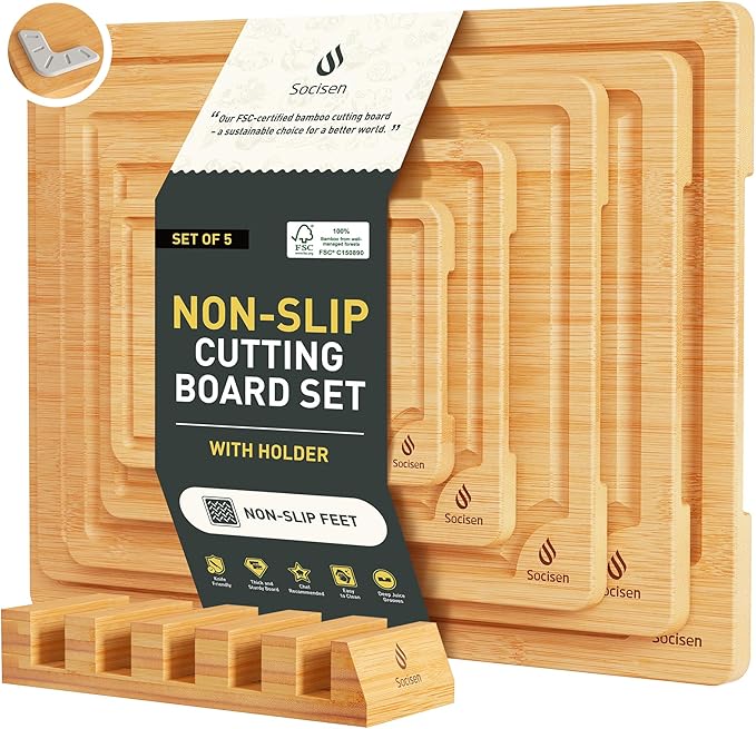 5 Packs Bamboo Cutting Board Set with Non Slip Feet Holder and Over Sink Nice Solid Thick Wood Juice Groove Chopping Board Small Big Xl XXl xlarge Oversized Kitchen Counter Organic Vegetable Meat Kit-CasaMuseHome