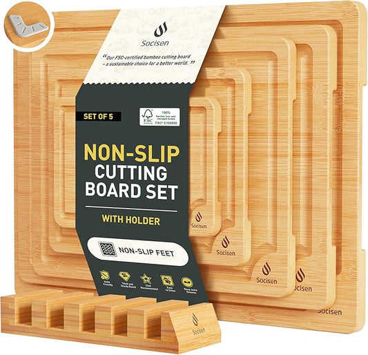 5 Packs Bamboo Cutting Board Set with Non Slip Feet Holder and Over Sink Nice Solid Thick Wood Juice Groove Chopping Board Small Big Xl XXl xlarge Oversized Kitchen Counter Organic Vegetable Meat Kit-CasaMuseHome