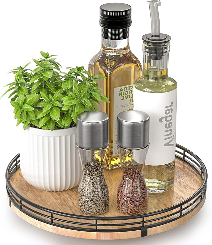 10" Lazy Susan Oak Wood Turntable Organizer for Cabinet, Round Wooden Farmhouse Lazy Susan Organization and Storage for Dining Table, Pantry, Kitchen, Countertop, Cupboard,Home Decor-CasaMuseHome