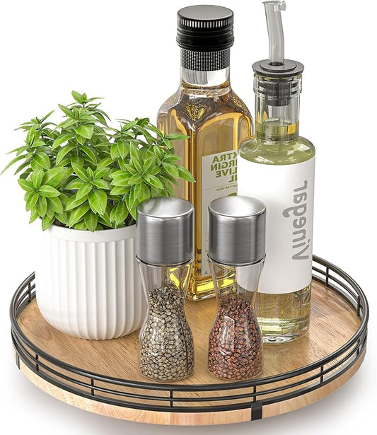 10" Lazy Susan Oak Wood Turntable Organizer for Cabinet, Round Wooden Farmhouse Lazy Susan Organization and Storage for Dining Table, Pantry, Kitchen, Countertop, Cupboard,Home Decor-CasaMuseHome