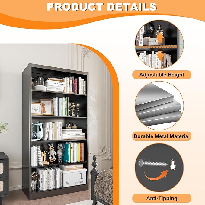 66" Tall Metal Bookcase, 5 Shelf Black Bookcase with Adjustable Shelves, Large Bookshelves and Bookcases, Modern Book Shelf Storage Organizer for Living Room, Home Office, Library (Black)-CasaMuseHome