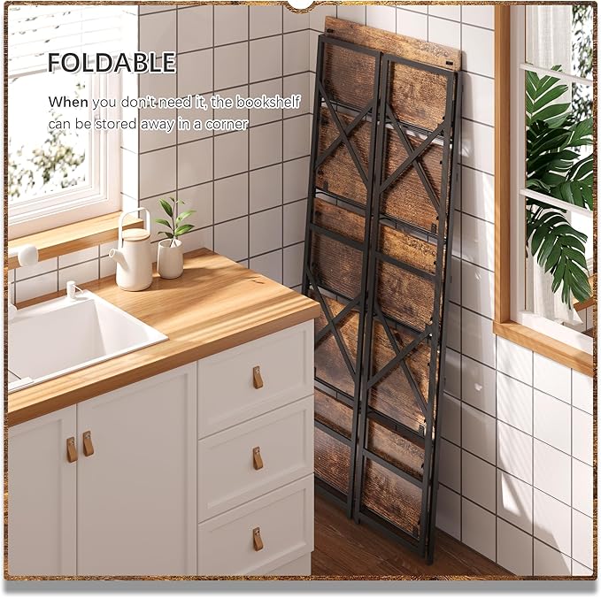 4NM 5 Tiers No Assembly Book Shelves, 51.2" H Folding Bookshelf Bookcase Open Industrial Foldable Shelves for Bedroom, Living Room, Home Office - Rustic Brown Black-CasaMuseHome