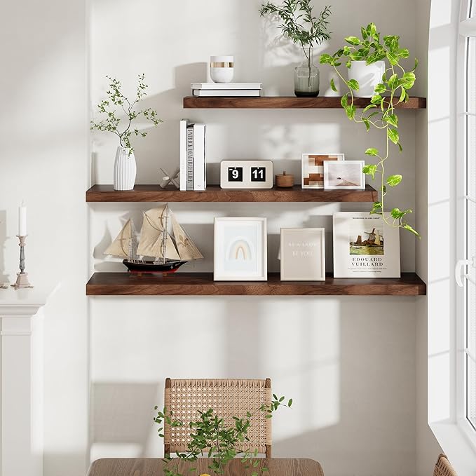 40 Inch Floating Shelvese, 40" W x 9" D Floating Shelf Set of 2, Farmhouse Wood Wall Shelves for Bedroom, Kitchen, Wall Mounted Deep Shelving for Home Decor, Walnut Color-CasaMuseHome