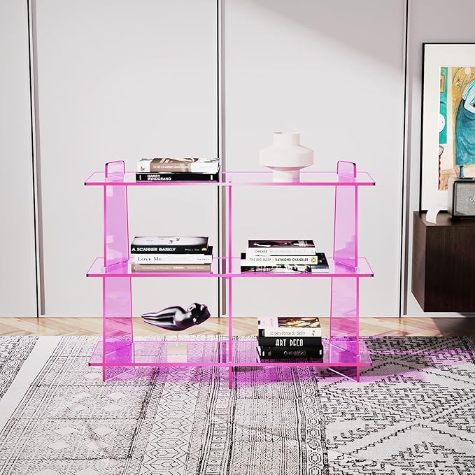 Acrylic Bookshelf, Small 3 Tier Open Bookcase for Small Spaces,Sofa Table, Hallway Entry Table for Home Living Room (Pink, 39.4'' x 11.8'' x 31.5'')-CasaMuseHome