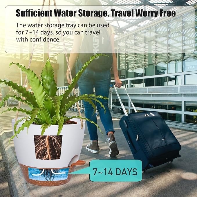 8 inch Hanging Planters, 2 Pack Self Watering Hanging Pots with 20oZ Deep Reservoir for Indoor Outdoor Plants Flowers, White with Brown-CasaMuseHome