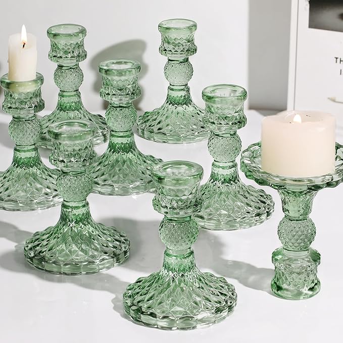 12Pcs Green Candlestick Holders Set- 4" H Taper Candle Holders Bulk, Glass Candle Holders for Wedding, Party, Romantic Dinner Table Centerpieces, Festival Gifts & Windowsill Decor-CasaMuseHome