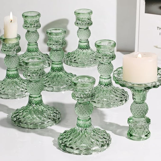 12Pcs Green Candlestick Holders Set- 4" H Taper Candle Holders Bulk, Glass Candle Holders for Wedding, Party, Romantic Dinner Table Centerpieces, Festival Gifts & Windowsill Decor-CasaMuseHome
