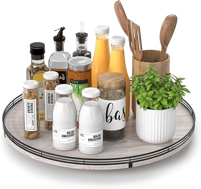 18" Lazy Susan Wood Turntable Organizer for Kitchen Decor, Farmhouse Round Wooden Lazy Susan Organization and Storage for Cabinet, Dining Table, Pantry, Bathroom, Countertop, Centerpiece, Home Decor-CasaMuseHome