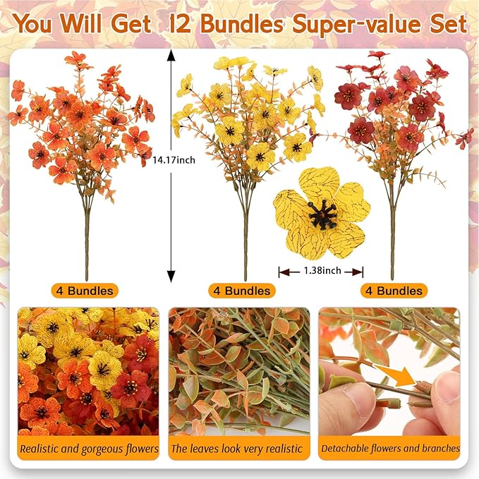 12 Bundles Artificial Fall Flowers Faux Mums for Outdoor Indoor, Artificial Plants Daisy Faux Plants Fake Mums for Fall Decor Pots Patio Garden Porch Autumn (Orange，Brown，Yellow) (12)-CasaMuseHome
