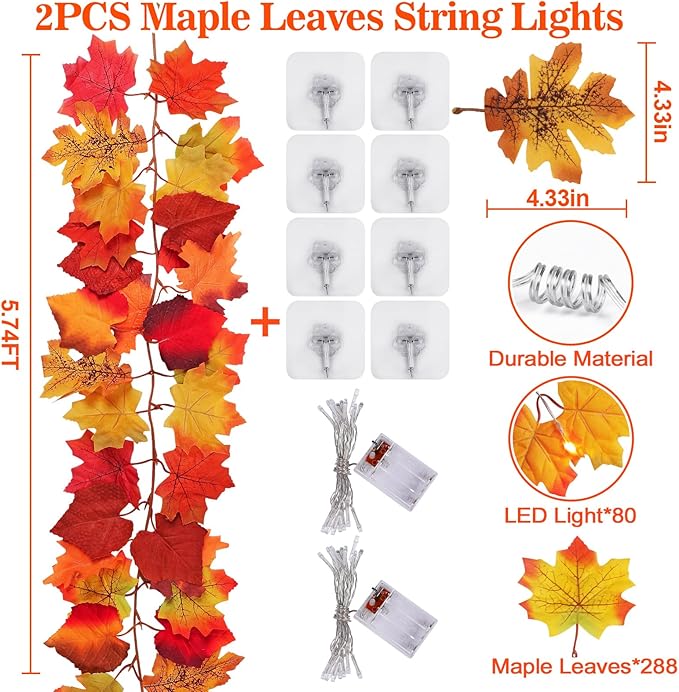 2 Pack Fall Decor Maple Leaves Garland with Lights Battery Operated Fall Thanksgiving Decorations Garland for Home Porch Front Door Table Mantle Outdoor Autumn Harvest Halloween Decor, 11.8Ft 40LED-CasaMuseHome