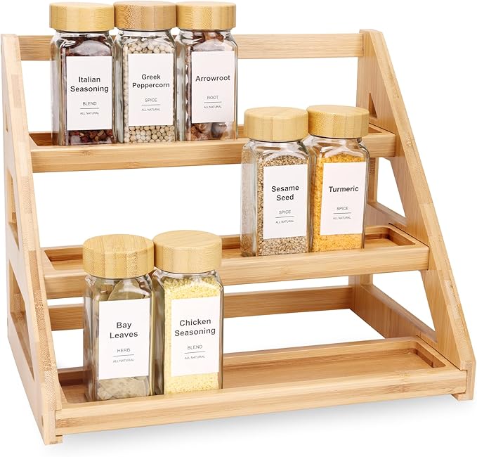 3-Tier Natural Bamboo Spice Rack Organizer - for Kitchen Cabinets, Countertops & Pantries - Space-Saving Tiered Shelf-CasaMuseHome