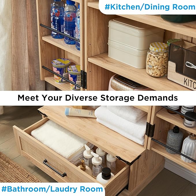 72" Tall Rattan Kitchen Pantry Cabinet with Drawer, Boho Storage Cabinet with 2 Rattan Doors and Shelves, Versatile Large Cabinet for Dining Room, Bathroom, Living Room, Laudry, Natural Oak-CasaMuseHome