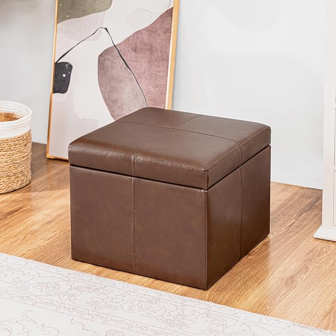 Adeco Storage Ottoman Foot Rest Stool, Leather Ottoman Footstool with Hinged Lid, 17" Small Foot Stool Bench for Living Room, Bedroom-CasaMuseHome