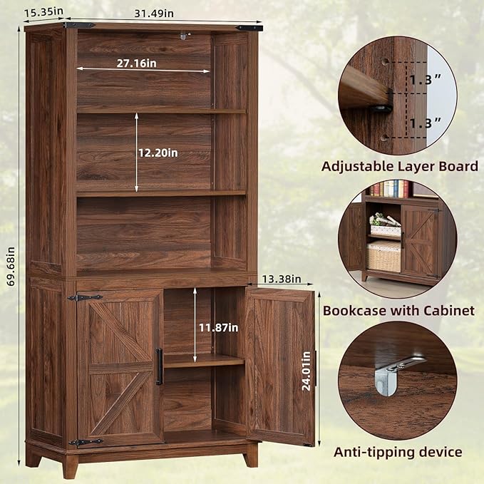70in Tall Bookshelf 5 Tier Bookcase with Barn Doors and Adjustable Shelves, Brown Farmhouse Book Shelf with Storage Cabinet, Wood Freestanding Display Bookshelves for Bedroom, Kitchen (2PCS)-CasaMuseHome