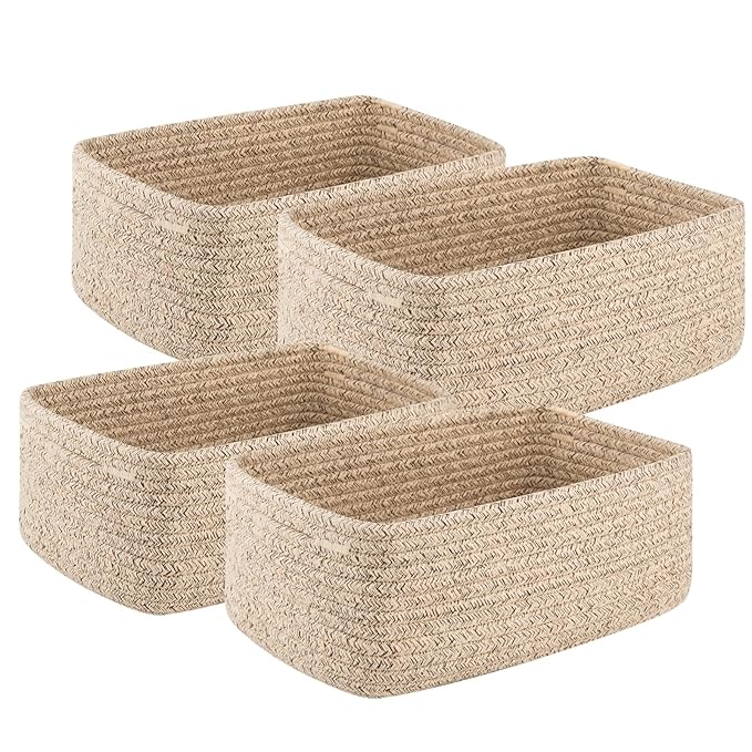 4 Pack Small Storage Shelf Baskets for Organizing, Mini Woven Rope Storage Bins for Towels, Cute Decorative Closet Organizer，Baby Nursery, Gift Empty Baskets -13''Lx8.66''Wx5.11''H-Brown-CasaMuseHome