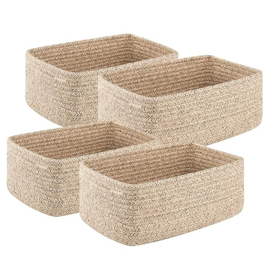 4 Pack Small Storage Shelf Baskets for Organizing, Mini Woven Rope Storage Bins for Towels, Cute Decorative Closet Organizer，Baby Nursery, Gift Empty Baskets -13''Lx8.66''Wx5.11''H-Brown-CasaMuseHome