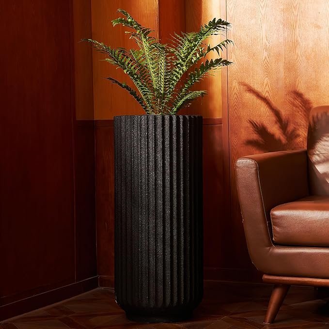 31.5 Inch Tall Roman Column Concrete Planter（14.2Dx31.5H，36 Pounds）,Durable All-Weather Use with Drainage Holes,Large Tall Round Planter for Outdoor Indoor Plants-CasaMuseHome