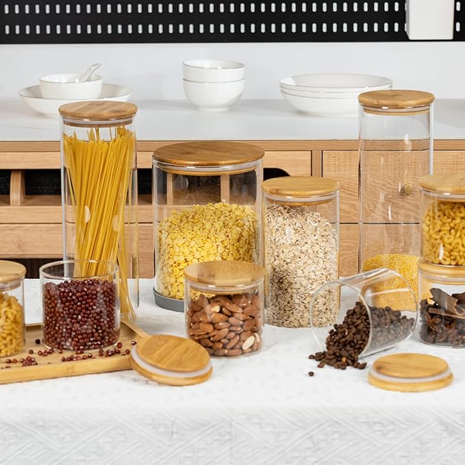 70oz Straight cylindrical Airtight Storage Jars with Bamboo Lid Set of 3 Storage Container Glass Jars, Kitchen Canister for Noodles, Pasta and Coffee beans (‎with Black Lable)-CasaMuseHome