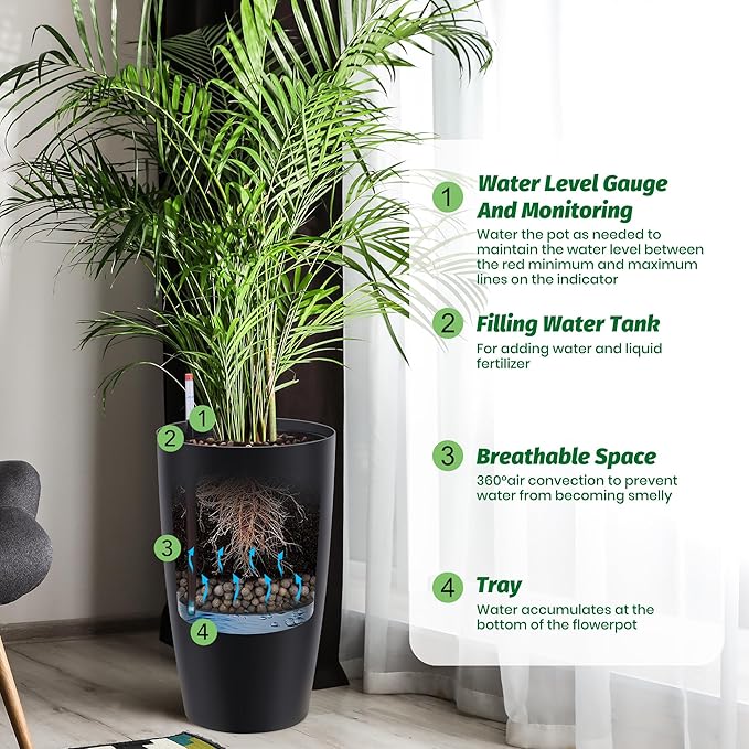 22" Tall Round Planter Set of 2, Self Watering Pots for Indoor Plants, Large Flower Pot Outdoor with Built-in Drainage and a Water Level Monitor, for Patio, Porch, Living Room, or Home Office, Black-CasaMuseHome