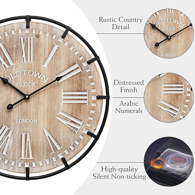 20 Inch Grand Farmhouse Wall Clock, Vintage-Inspired Wood & Metal Design with Large Etched Numbers, Silent Battery-Powered Timepiece for Offices, Kitchens, Bedrooms, and Living Rooms-CasaMuseHome