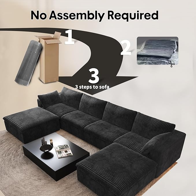 157.5" U Shaped Modern Sofa Modular Sectional Cloud Couch with 2 Ottoman,Deep Seat Upholstered Couches with Corduroy Fabric for Living Room Furniture,Bedroom and Apartment,No Assembly Required,Black-CasaMuseHome