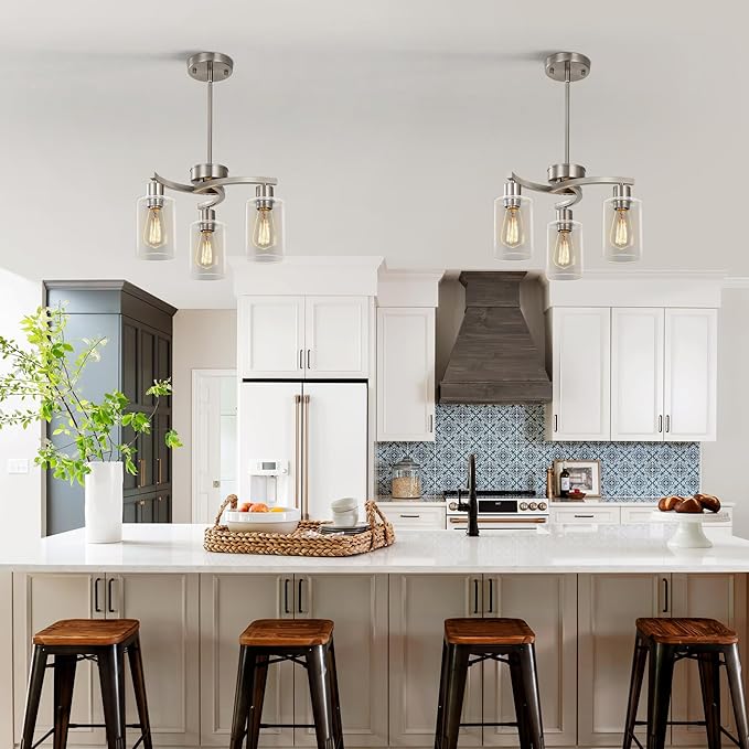 3-Light Brushed Nickel Pendant Lighting for Kitchen Island, Hanging Dining Room Light Fixtures Over Table, Industrial Chandelier for Entryway Hallway Foyer Bedroom, Clear Glass Shade-CasaMuseHome