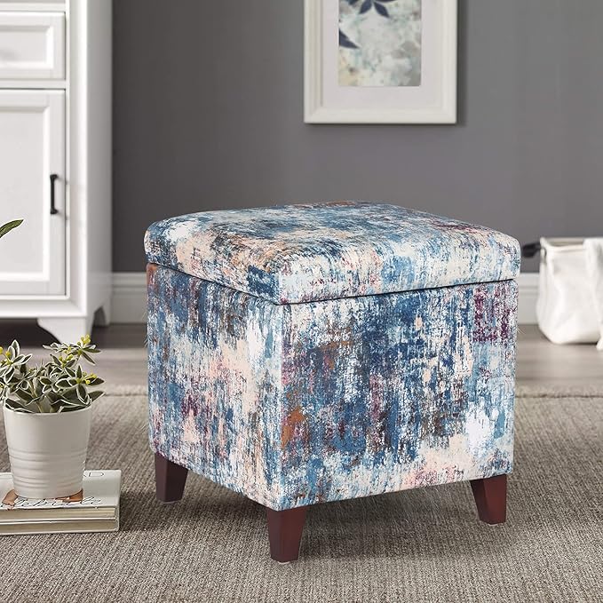 Adeco 18 Inch High Cube Ottoman Storage, Linen Chair Foot Stools, Upholstered Vanity Stool with Hinged Lid, Solid Wood Legs-CasaMuseHome