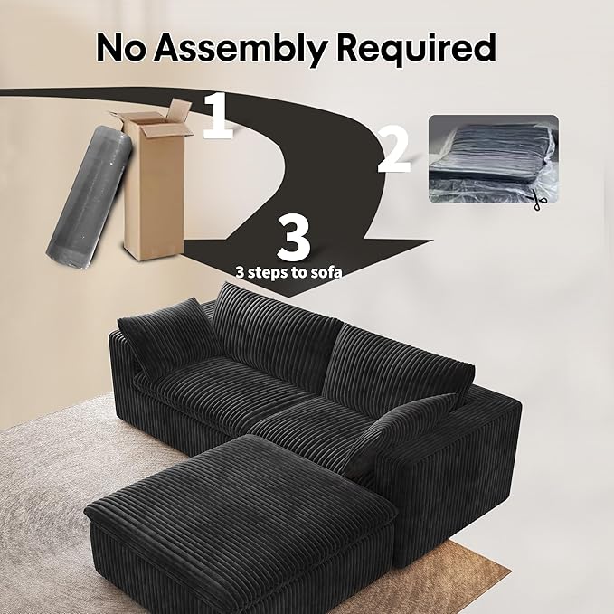 78.74" L Shaped Modern Sofa Modular Sectional Cloud Couch with Ottoman,Upholstered Couches with Plush Corduroy Fabric for Living Room Furniture,Bedroom and Apartment,No Assembly Required,Black-CasaMuseHome