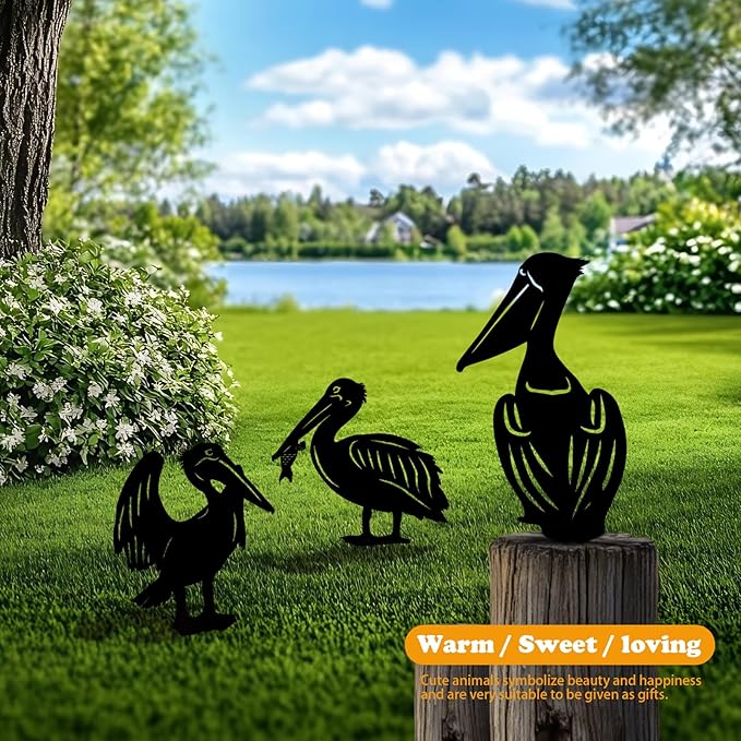 3 Pack Pelican Metal Garden Decorative Stakes, Weather Proof Silhouette Statues for Yard, Patio,Outdoor Decor for Pelican Lovers and Pet Owners-CasaMuseHome