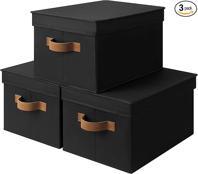 StorageWorks Large Storage Bins with Lids, Decorative Storage Boxes with Lid and PU Handles, Foldable Storage Baskets for Closet, Shelves, Stackable, Black, 3-Pack-CasaMuseHome