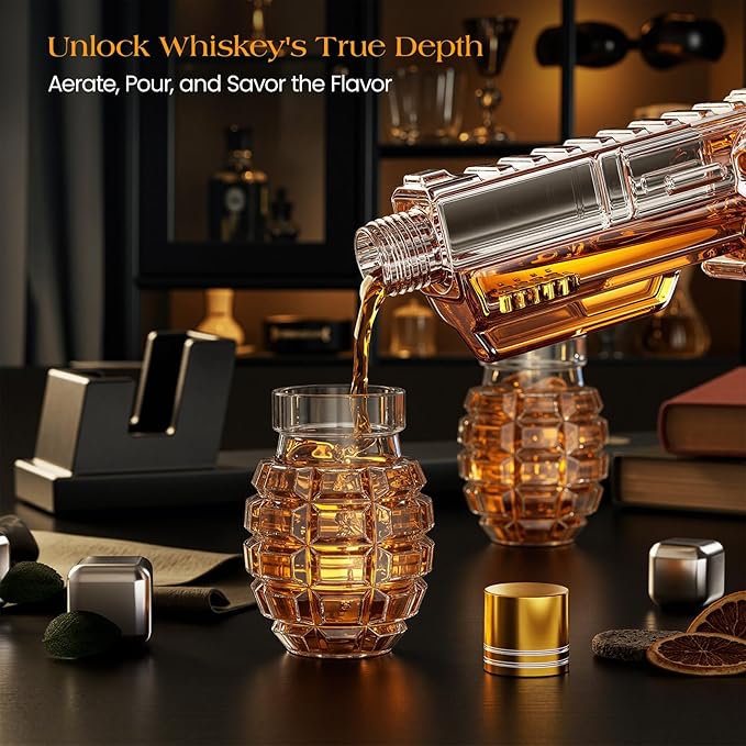 Kollea Whiskey Decanter Set with Grenade-Shaped Shot Glasses, Anniversary Birthday Gifts for Men Who Have Everything, Holiday Whiskey Gifts for Men, Father, Husband, Boyfriend & Military Enthusiasts