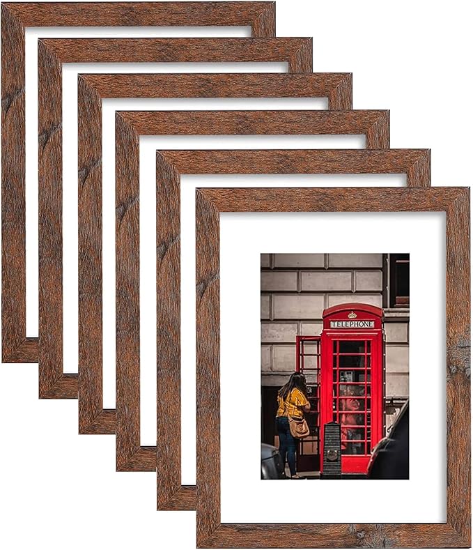 8x10 Picture Frame Set of 6, Display Pictures 5x7 with Mat or 8x10 Without Mat for Wall Mounting, Rustic Brown-CasaMuseHome