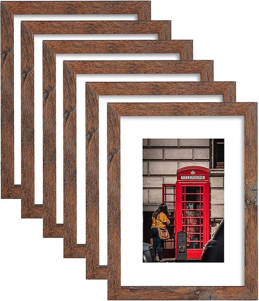 8x10 Picture Frame Set of 6, Display Pictures 5x7 with Mat or 8x10 Without Mat for Wall Mounting, Rustic Brown-CasaMuseHome