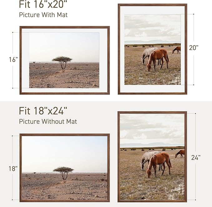 18x24 Poster Frame Set of 4 Natural Solid Walnut Photo Frames with 16x20 Removable Mat Wall Hanging Large Handcrafted Frame with HD Plexiglass Wall and Tabletop Display Large Picture Frame-CasaMuseHome