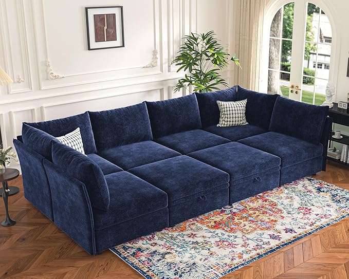 136.4" Oversized Modular Sectional Sleeper Sofa Bed, U Shaped Convertible Couch with Movable Ottoman, Large 8 Seat Corner Couches for Living Room Deep Seat Blue Chenille-CasaMuseHome