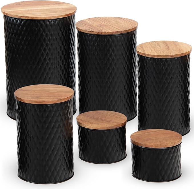 6 Canister Set for the Kitchen Countertop – Metal Food Storage Canisters with Airtight Lids for Flour, Tea, Crafts, Coffee, & Sugar – Container Set with Modern Wood Lids, Black-CasaMuseHome