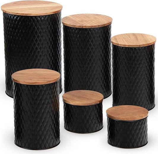 6 Canister Set for the Kitchen Countertop – Metal Food Storage Canisters with Airtight Lids for Flour, Tea, Crafts, Coffee, & Sugar – Container Set with Modern Wood Lids, Black-CasaMuseHome