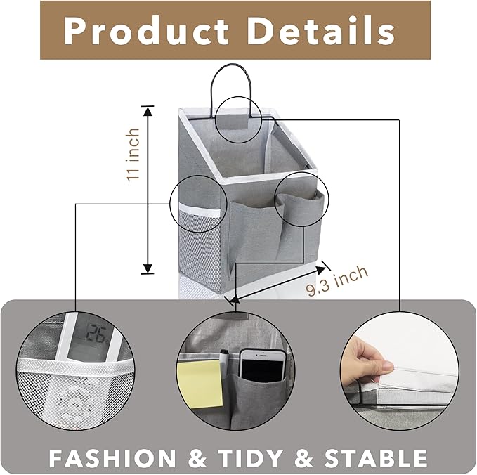 3pcs Small Wall Hanging Organizer Bag, Linen Fabric Door Hanging Storage Basket with Pockets, Waterproof Bin for Kitchen, Bedroom, Office, RV Camper (Gray)-CasaMuseHome