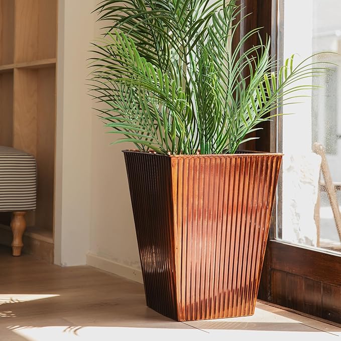 18in Vintage Handmade Metal Vertical Lines Copper Tapered Planters Set of 2, Galvanized Steel Planter Box with Drainage Hole for Indoor/Outdoor/Porch/Garden-CasaMuseHome